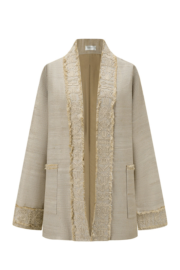 INTO THE EAST 25 Autumn/Winter Tussah Silk Patch Cardigan Jacket ITE-E1DGSS003SD22JK-SHA Sand